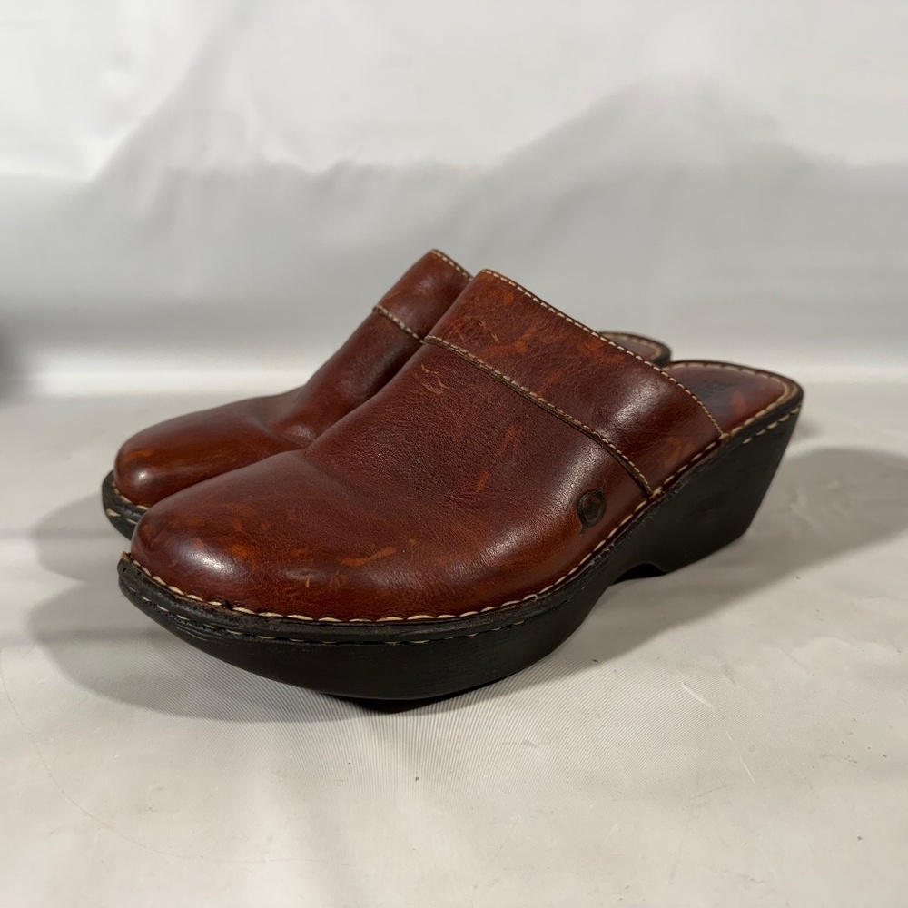Born Brown Leather Mule Clogs Slip on Womens Wedge Heel Professional Platform 10